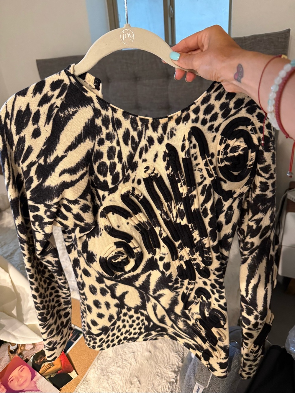 Animal Print Long Sleeve Top with Embellished Logo Detail - Cream/Black